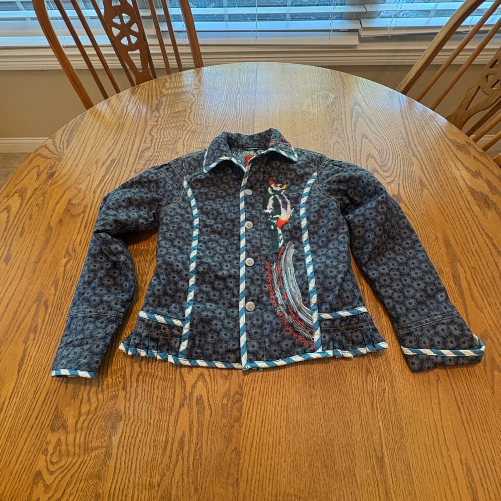 Oilily Girls 140 US 10 Embroidered Denim Jean Jacket Woodpecker